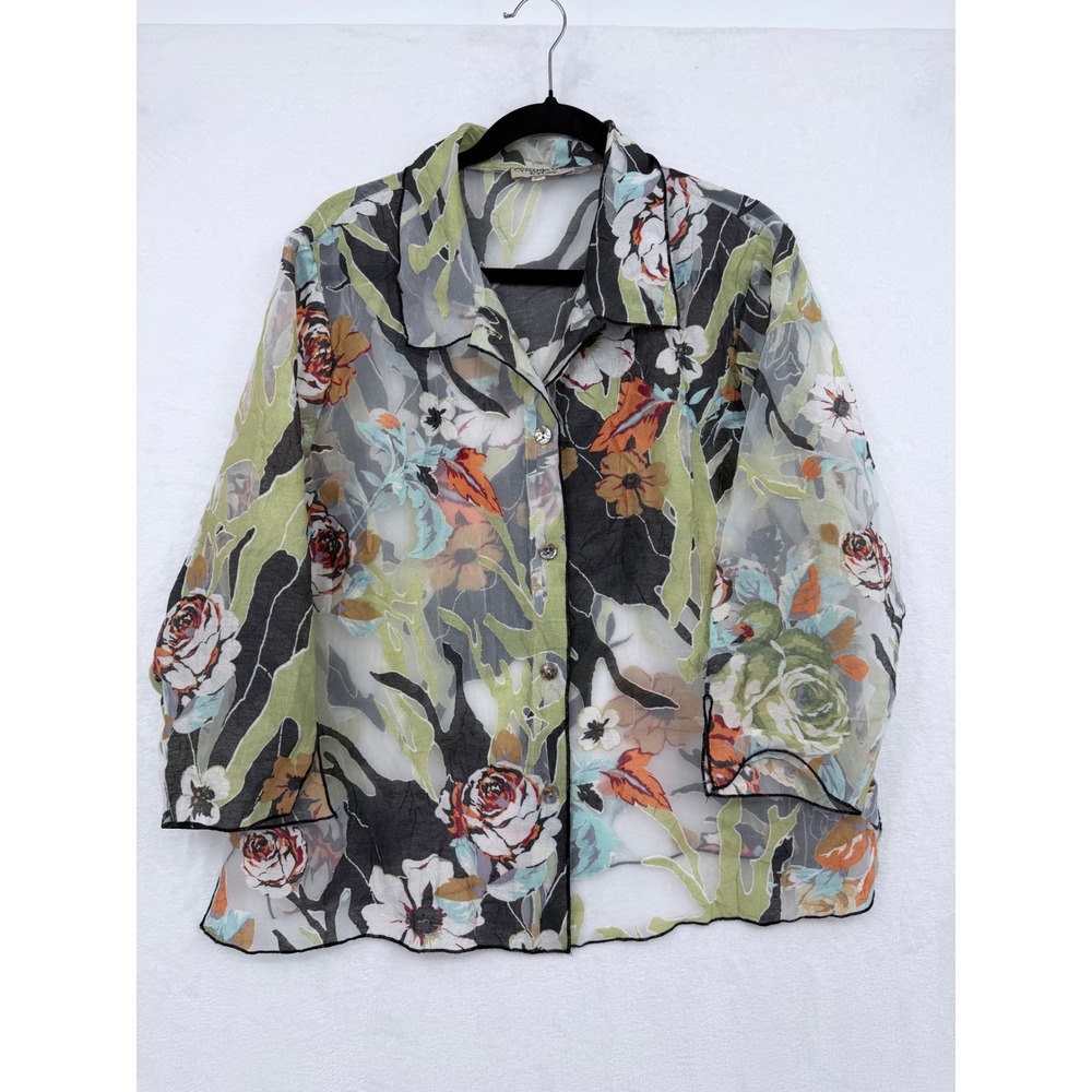 Cynthia Max Relax Floral Sheer Burnout Blouse XL Whimsical Lagenlook Sheer